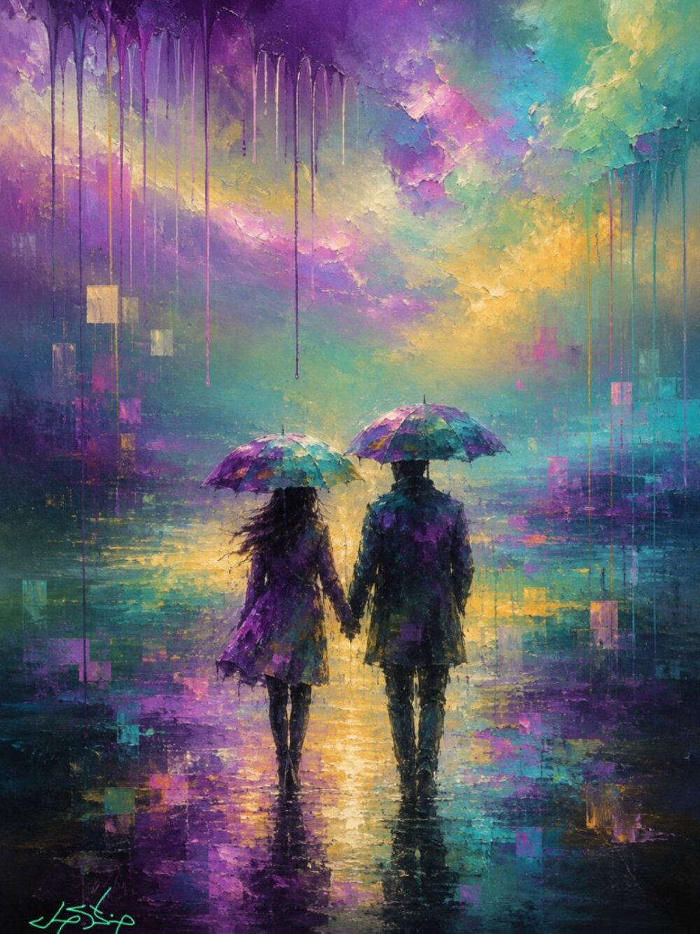 Purple Rain Romance Wall Art Print 24x36 - Purple & Teal Impressionist Poster